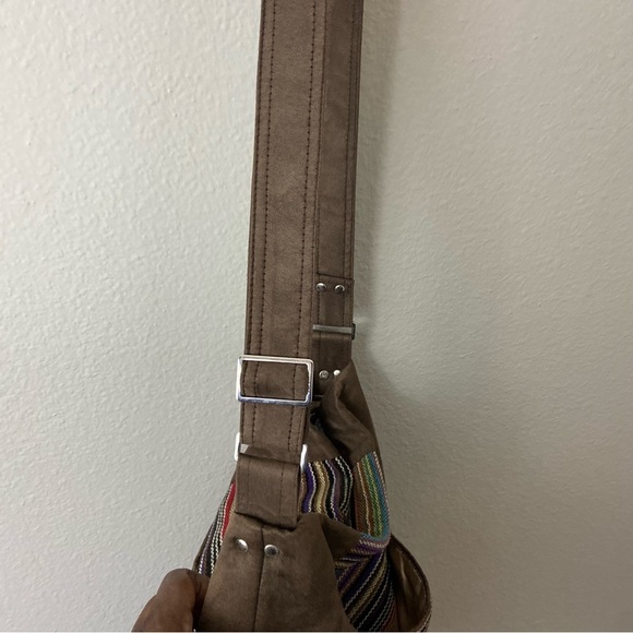 Hilltop of Hope Hobo Crossbody Bag Brown Faux Suede Woven Multicolored Stripes - Picture 6 of 12